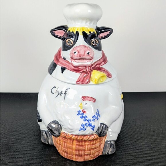Chef Cow Ceramic Cookie Jar 10" Canister Stoneware Farm Cattle Ranch Vintage - Picture 1 of 7